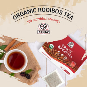 52USA Rooibos Tea organic front packaging emphasizes USDA Organic certification.