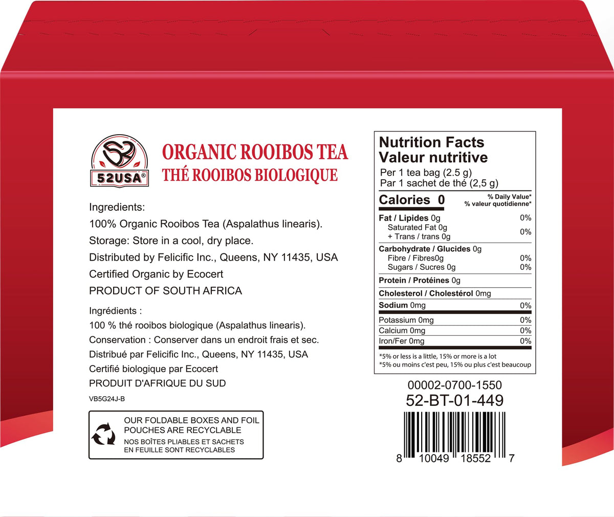 52USA Rooibos Tea organic steeping cup highlights caffeine-free, relaxing flavor.