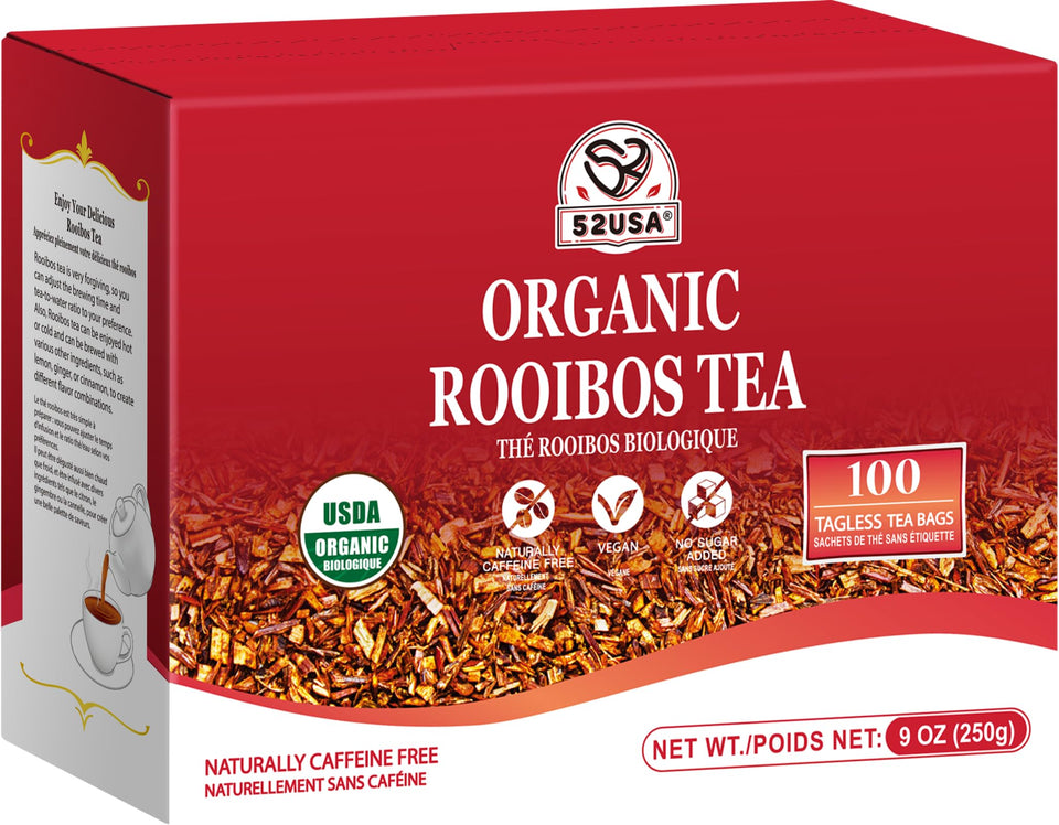 52USA Rooibos Tea organic tea bags show natural sweetness for a comforting brew.