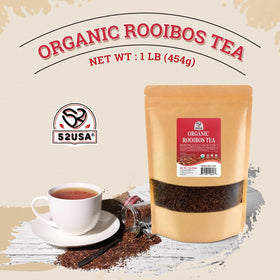 52USA Rooibos tea packaging label displaying USDA Organic and Non-GMO certifications.