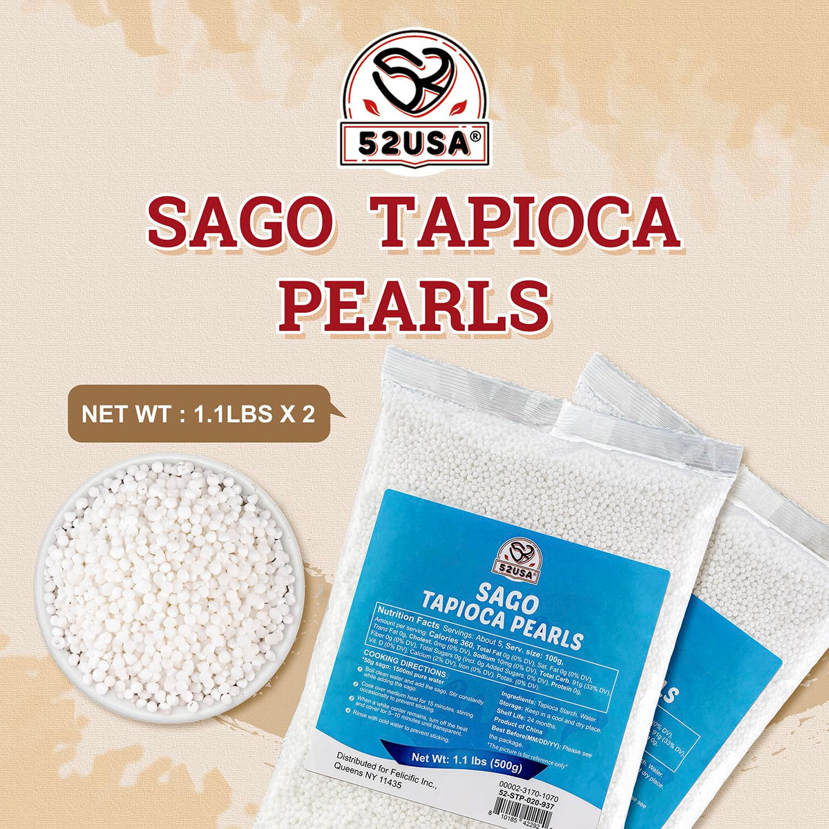 52USA sago pearls packaging closeup showing natural, gluten-free ingredients