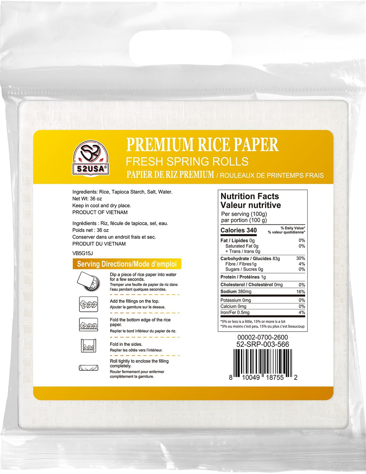 52USA square rice paper wrapper rolled into a spring roll