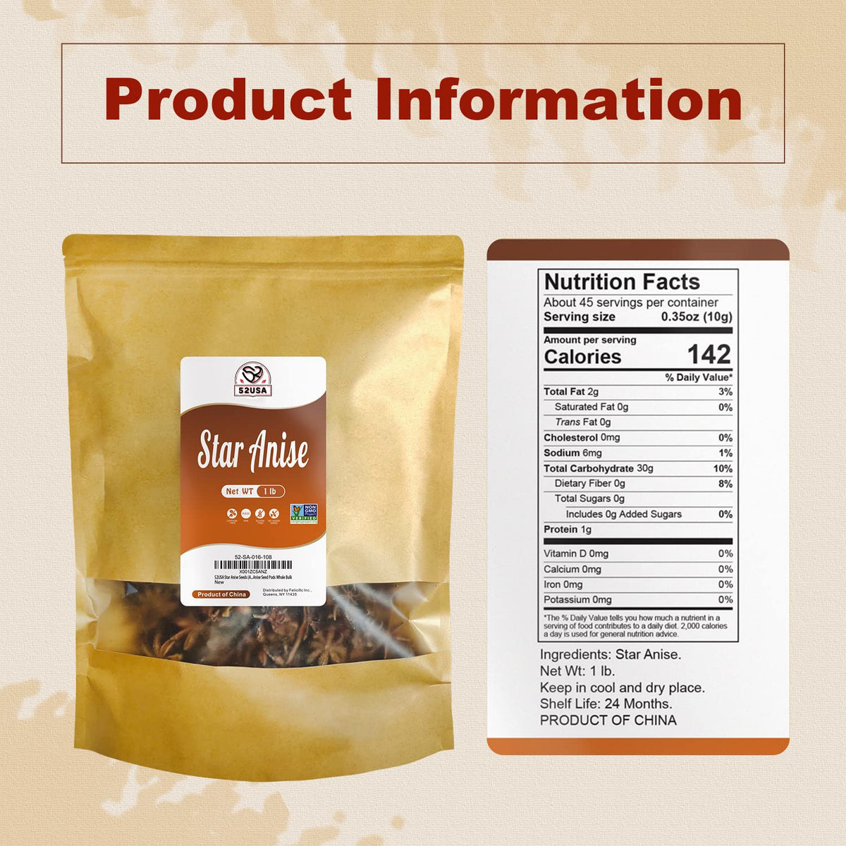 52USA Star Anise bulk 16 oz package for pantry use.