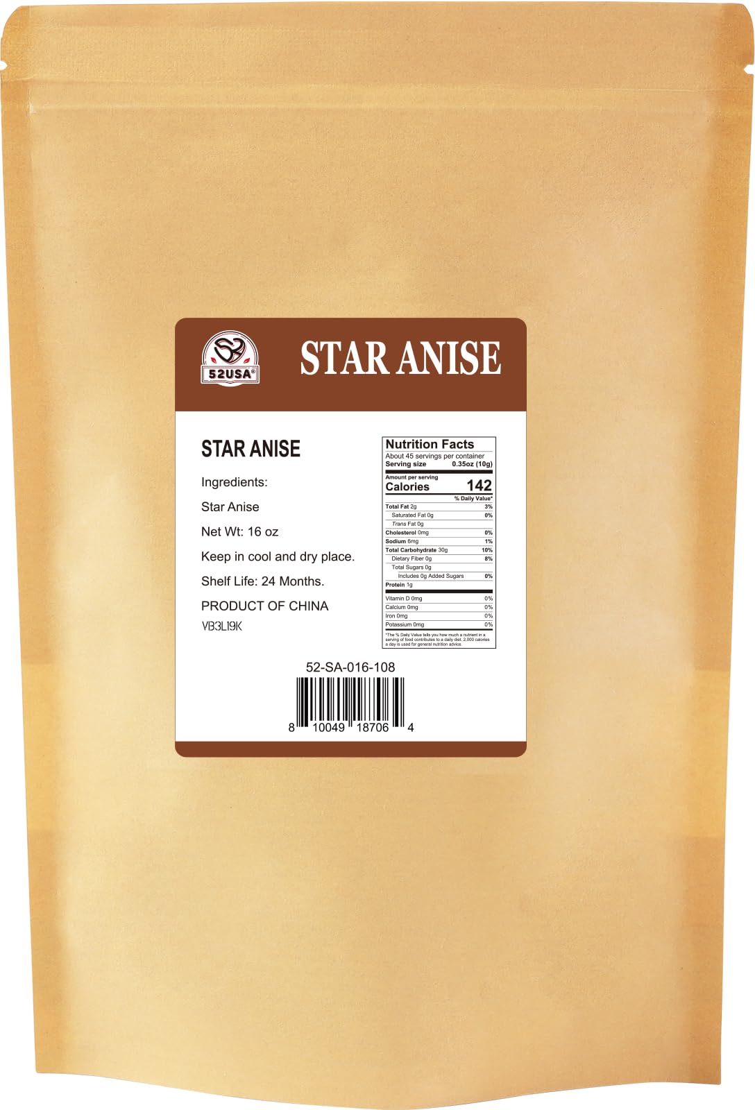 52USA Star Anise tea infusion close-up for aromatic brews.