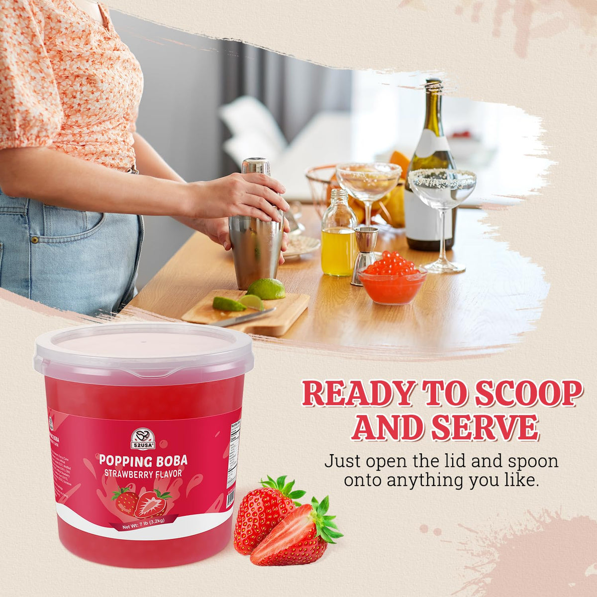 52USA strawberry popping boba pearls adding fun texture to cold drinks.