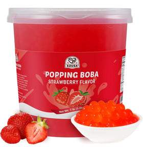 52USA strawberry popping boba pearls in a large tub for easy party serving.