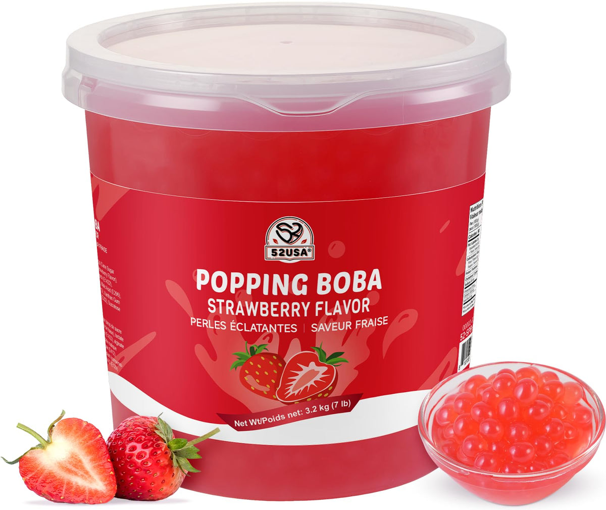 52USA strawberry popping boba pearls in a resealable tub for bubble tea toppings.