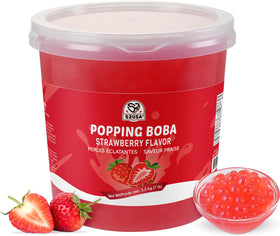 52USA strawberry popping boba pearls in a resealable tub for bubble tea toppings.