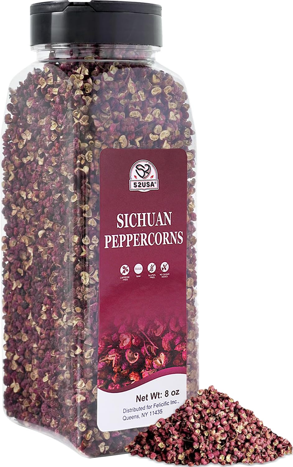 52USA Szechuan peppercorns bottle showcasing premium whole peppers for bold dishes.