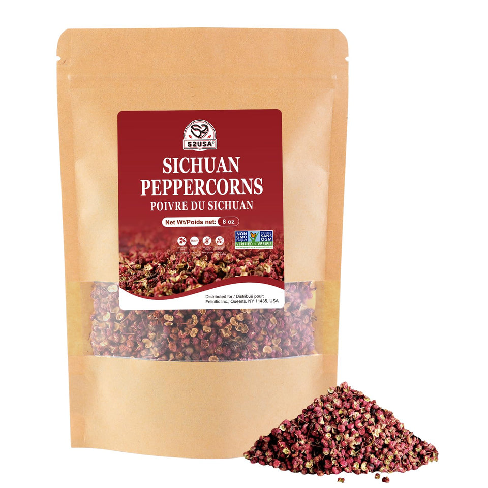 52USA Szechuan peppercorns whole pods display vibrant red hue for authentic flavor.