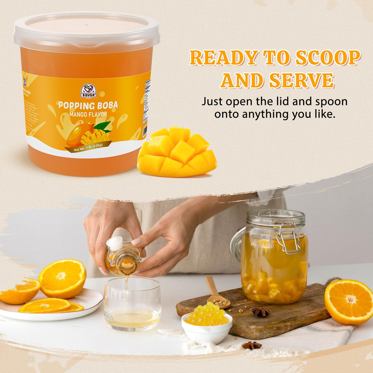 52USA Vibrant Mango Color Pearls brighten desserts, yogurts, and cold beverages.