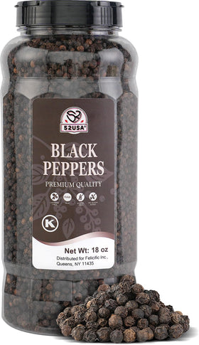 52USA whole black peppercorns in a bottle for fresh flavor in cooking.