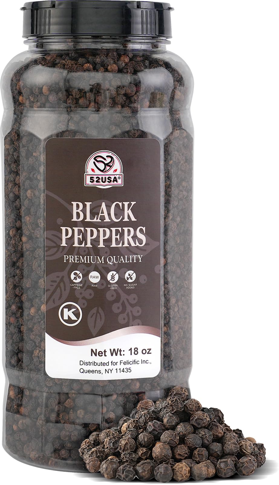 52USA whole black peppercorns in a bottle for fresh flavor in cooking.