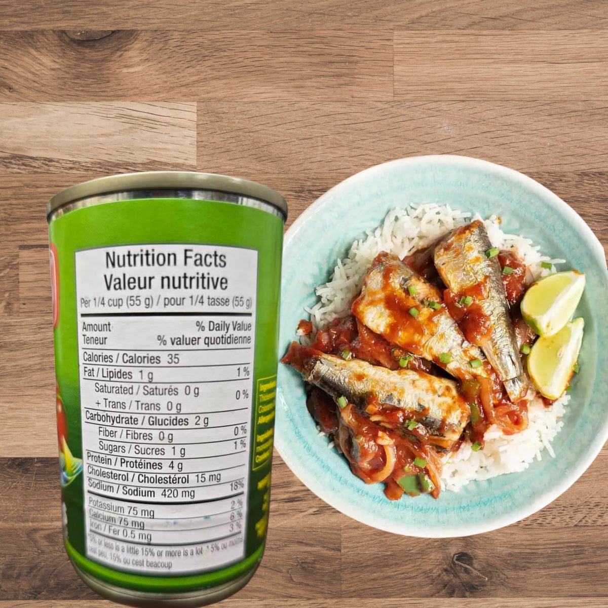 555 sardines in tomato sauce can back view; label highlights packaging