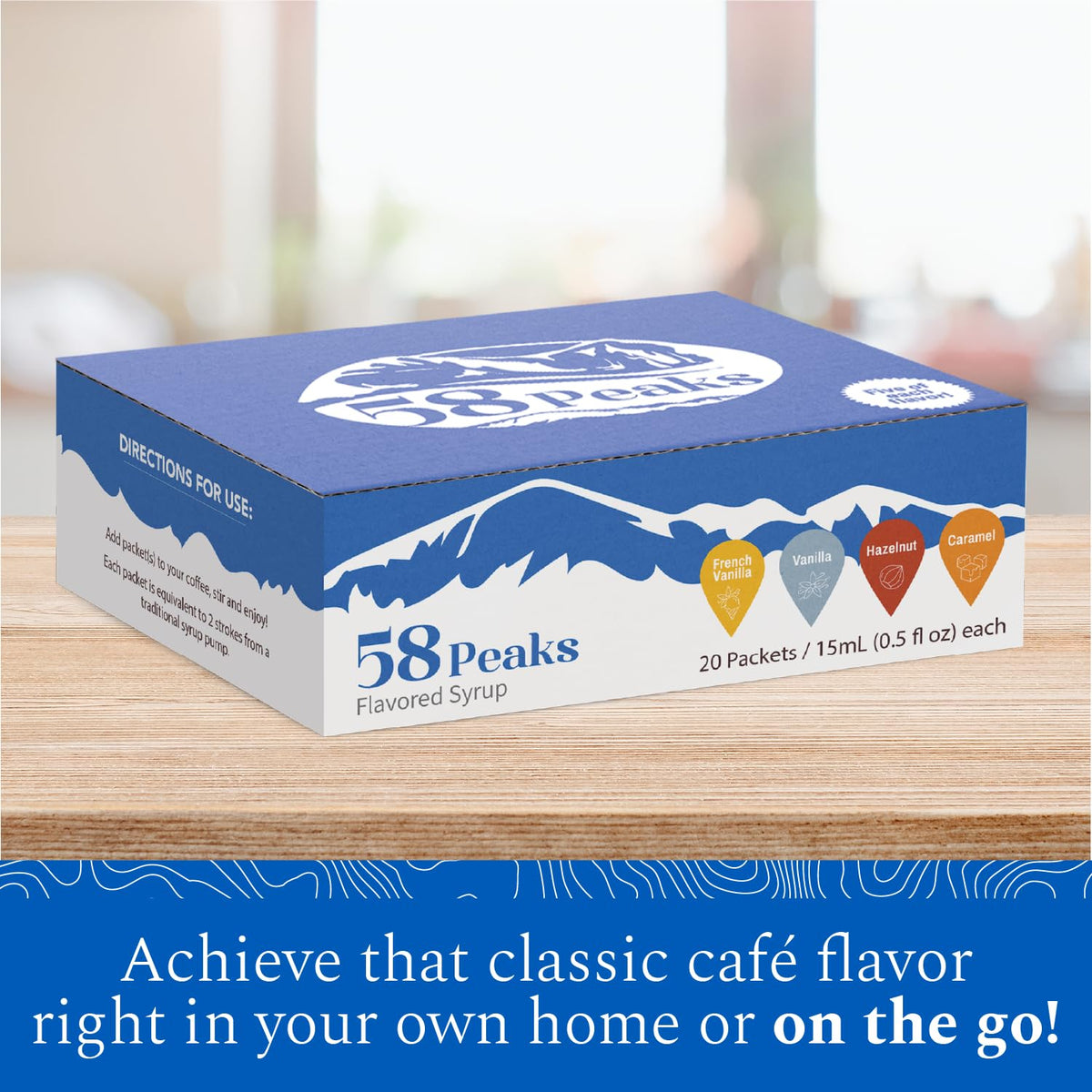 58Peaks hazelnut syrup packet close-up for cozy seasonal drinks