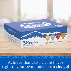 58Peaks hazelnut syrup packet close-up for cozy seasonal drinks
