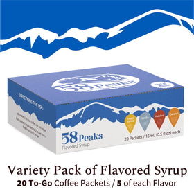 58Peaks vanilla syrup packet close-up for café-inspired home drinks