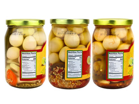 7 Farms mild brine glass jar emphasizes quality ingredients and easy serving