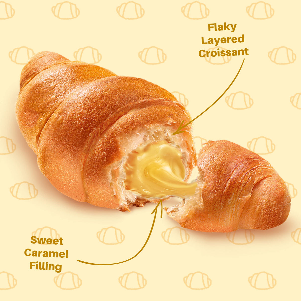 7 Days caramel-filled croissant packaging showcasing long shelf life for pantry storage.
