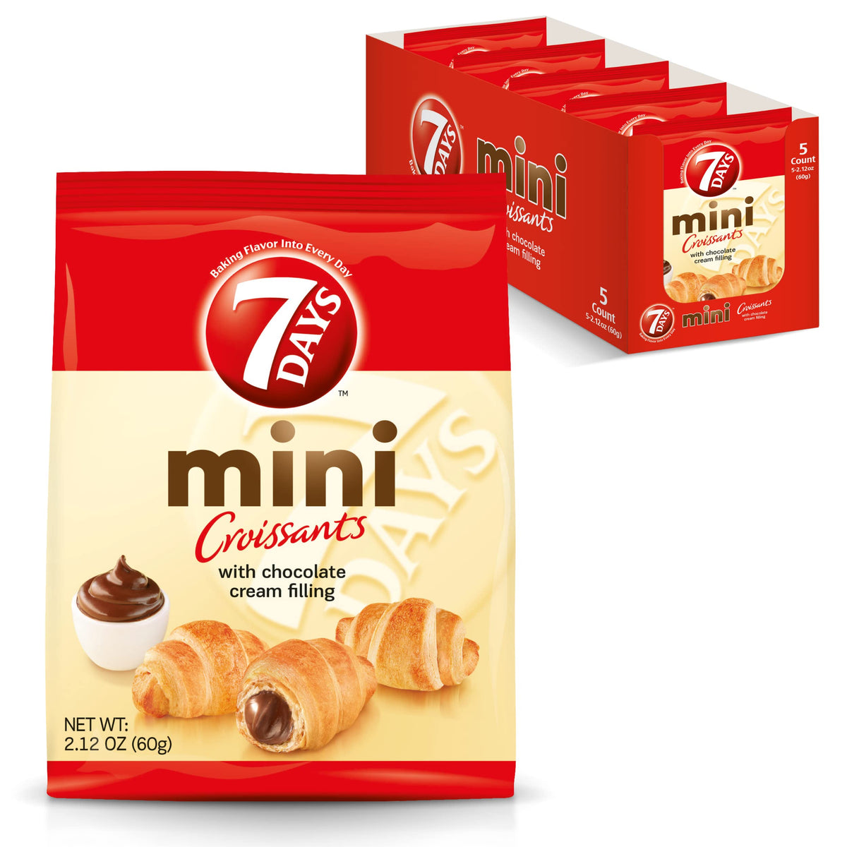 7 Days mini croissant pouch with chocolate filling, perfect for a quick breakfast on the go.