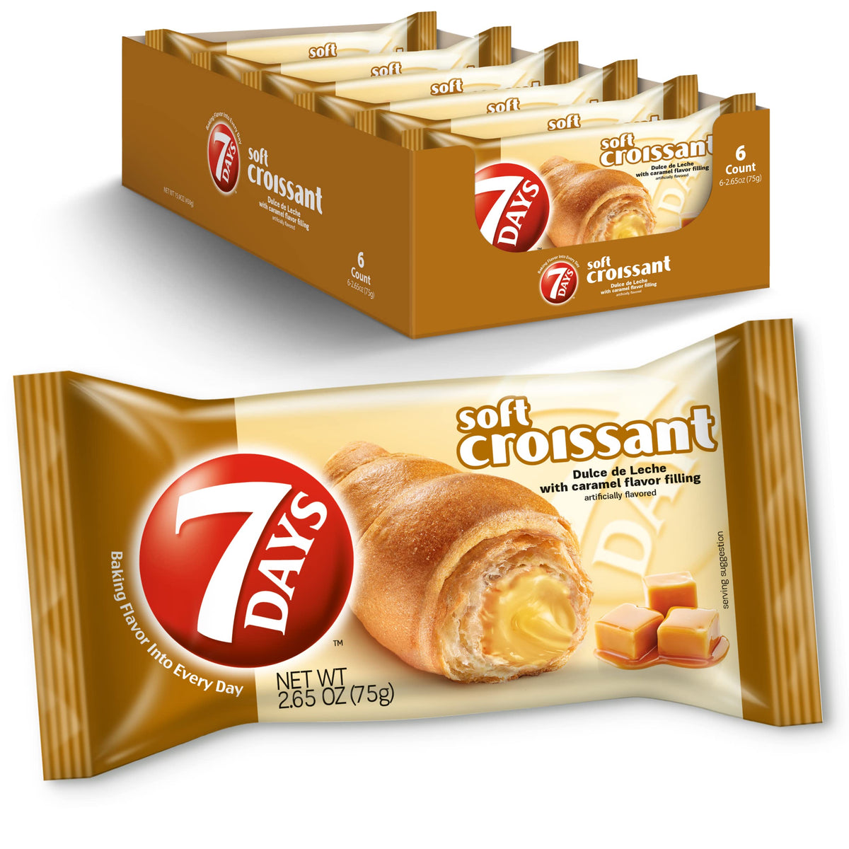 7 Days caramel-filled croissant with dulce de leche, ideal for a comforting breakfast.