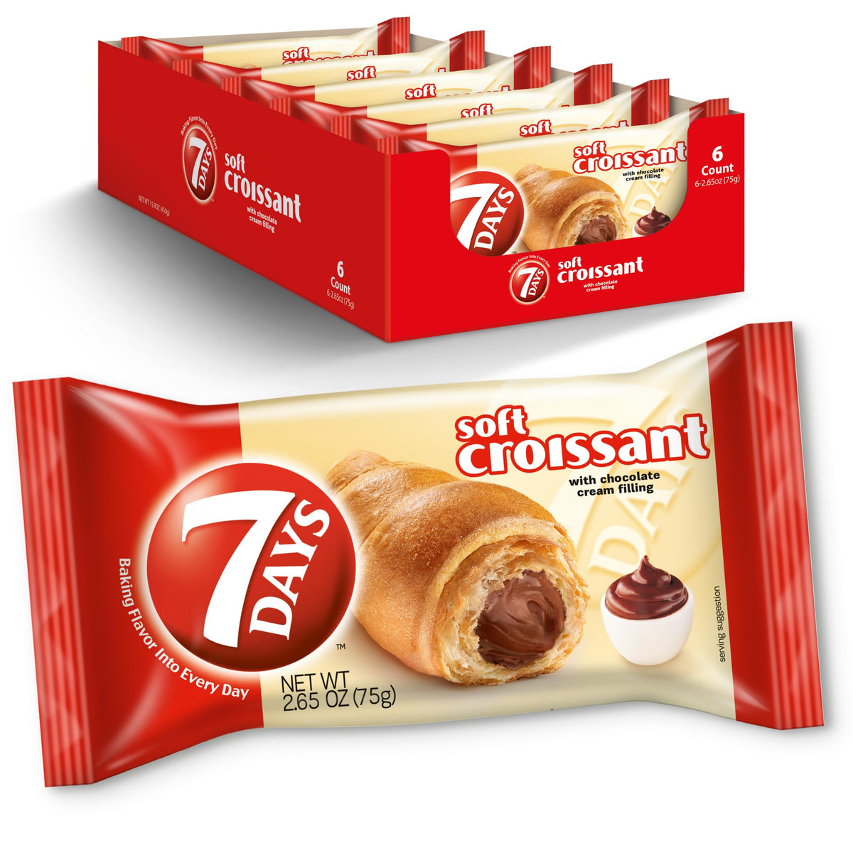 7 Days soft chocolate croissant in a wrap, ideal for quick on-the-go breakfast.
