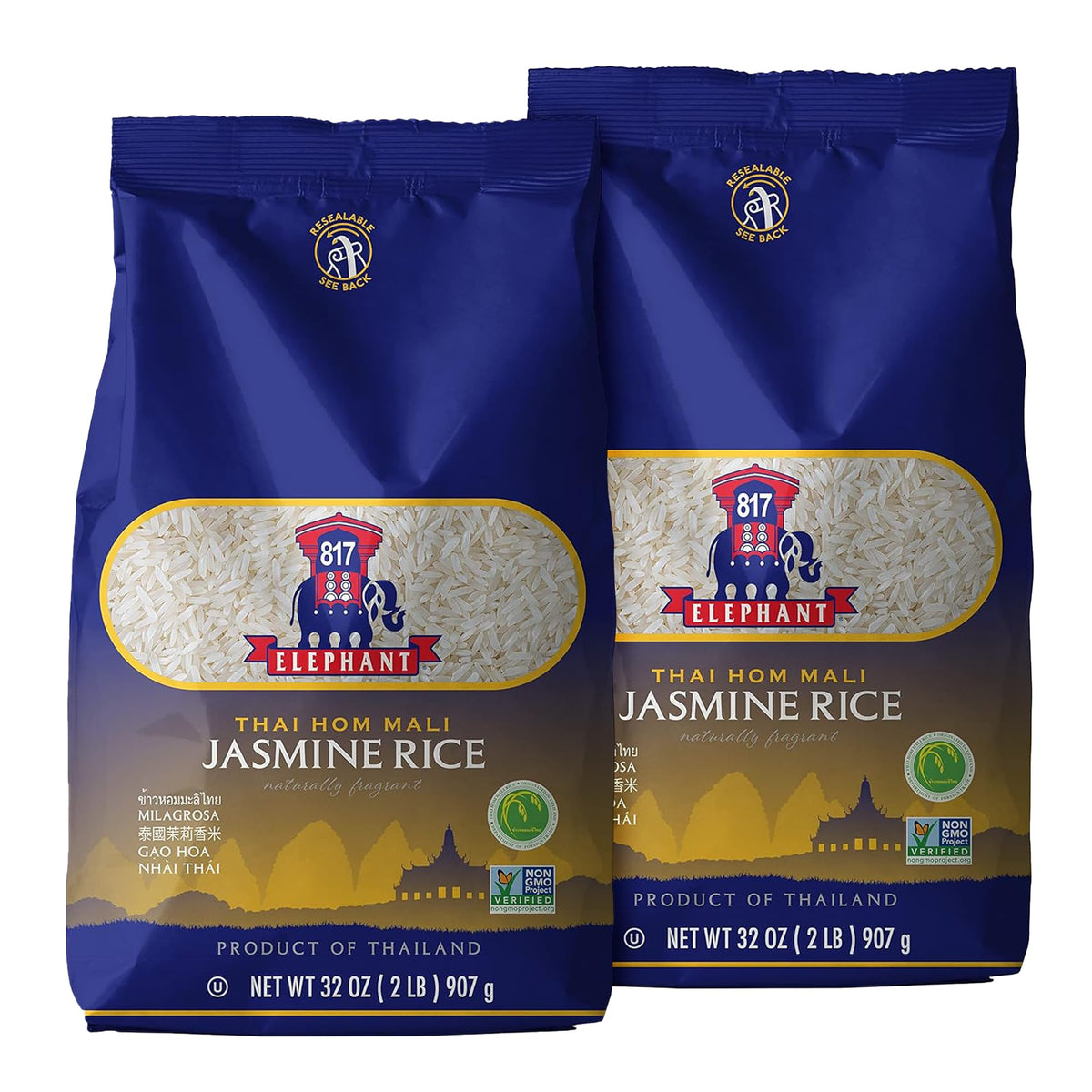 817 Elephant Jasmine Rice packaging with certification signals premium quality