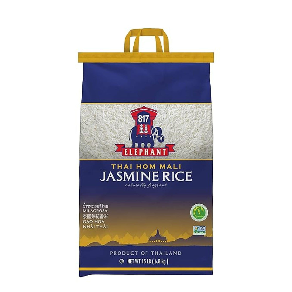 817 Elephant Thai Hom Mali Jasmine Rice bag closeup highlights premium aroma for flavor rich meals
