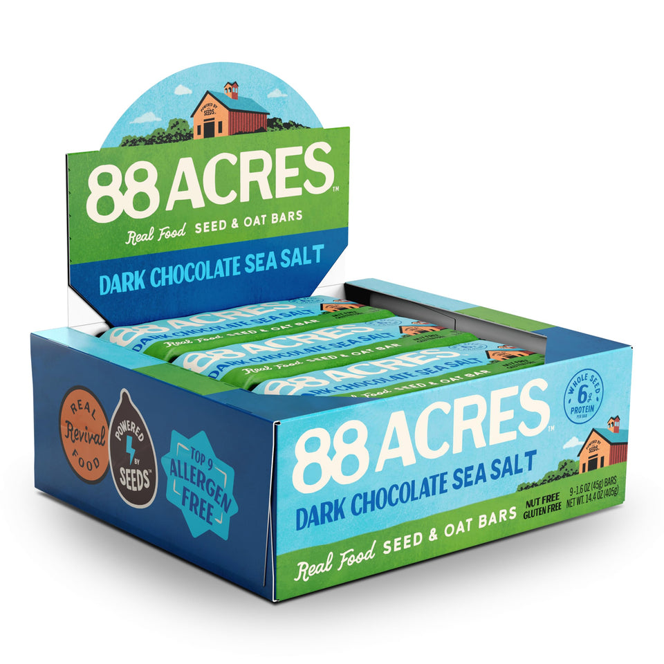 88 Acres Chocolate Sea Salt Seed Bar close-up showing seeds and chocolate for a plant-based, on-the-go snack.