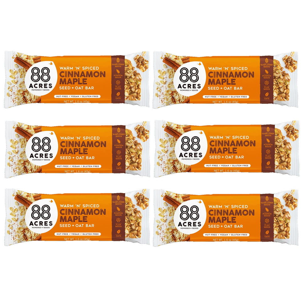 88 Acres Cinnamon Maple granola bars packaging, convenient lunchbox option.