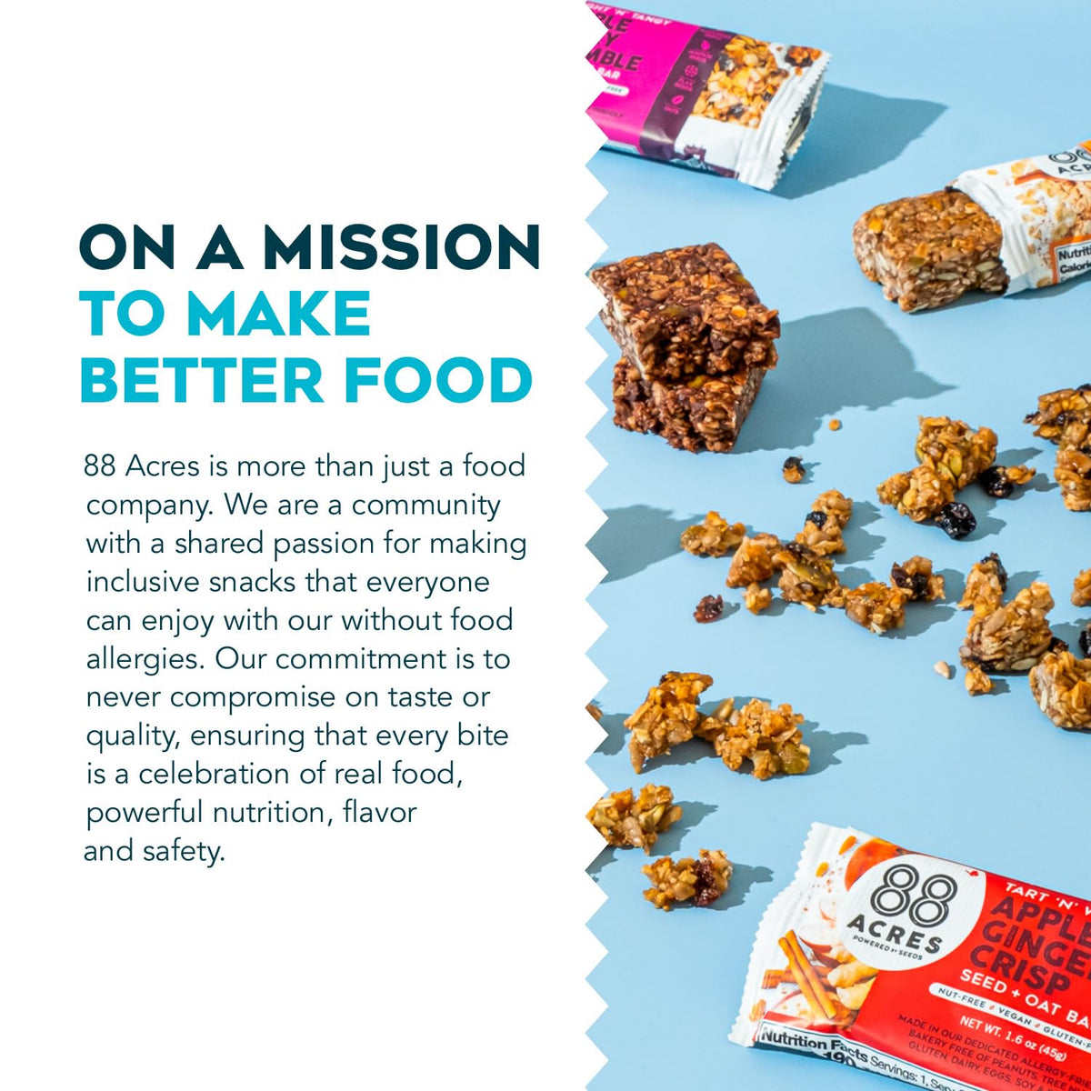 88 Acres individually wrapped bars, easy lunchbox-friendly on-the-go.