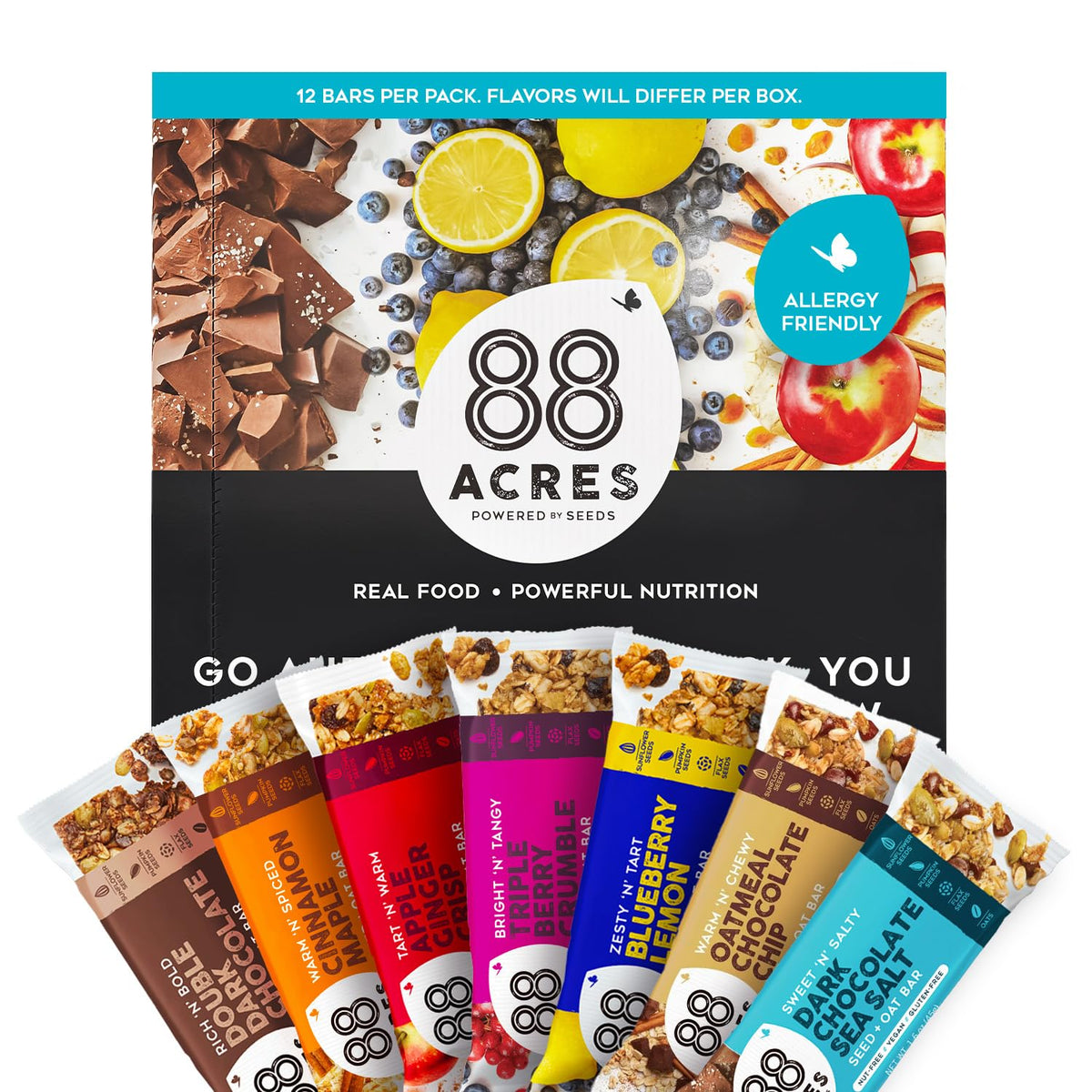 88 Acres Granola Bars Variety Pack packaging shown, ideal for school lunches and on-the-go snacks.