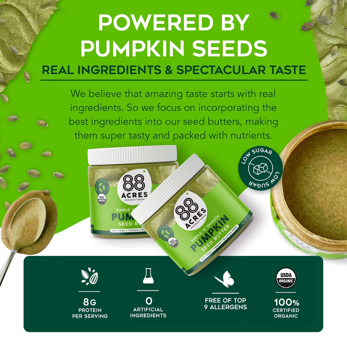 88 Acres Organic Pumpkin Seed Butter ingredients label showing simple, organic ingredients.