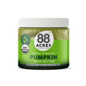 88 Acres Organic Pumpkin Seed Butter jar close-up, a pantry-friendly snack option.