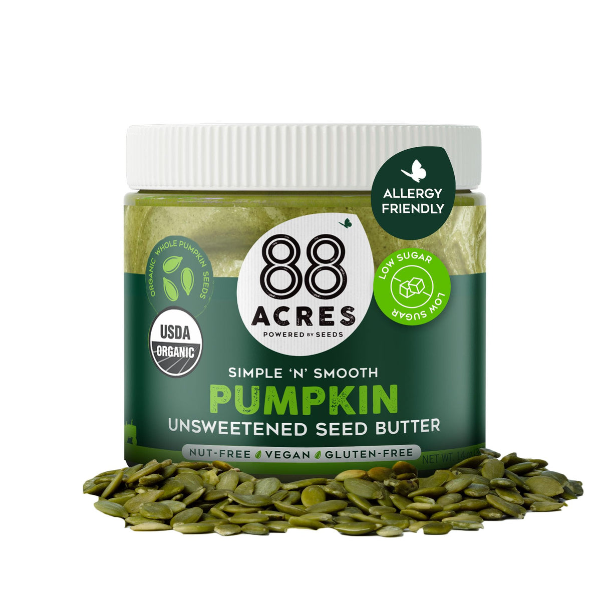 88 Acres Organic Pumpkin Seed Butter unsweetened jar for toast and smoothies.