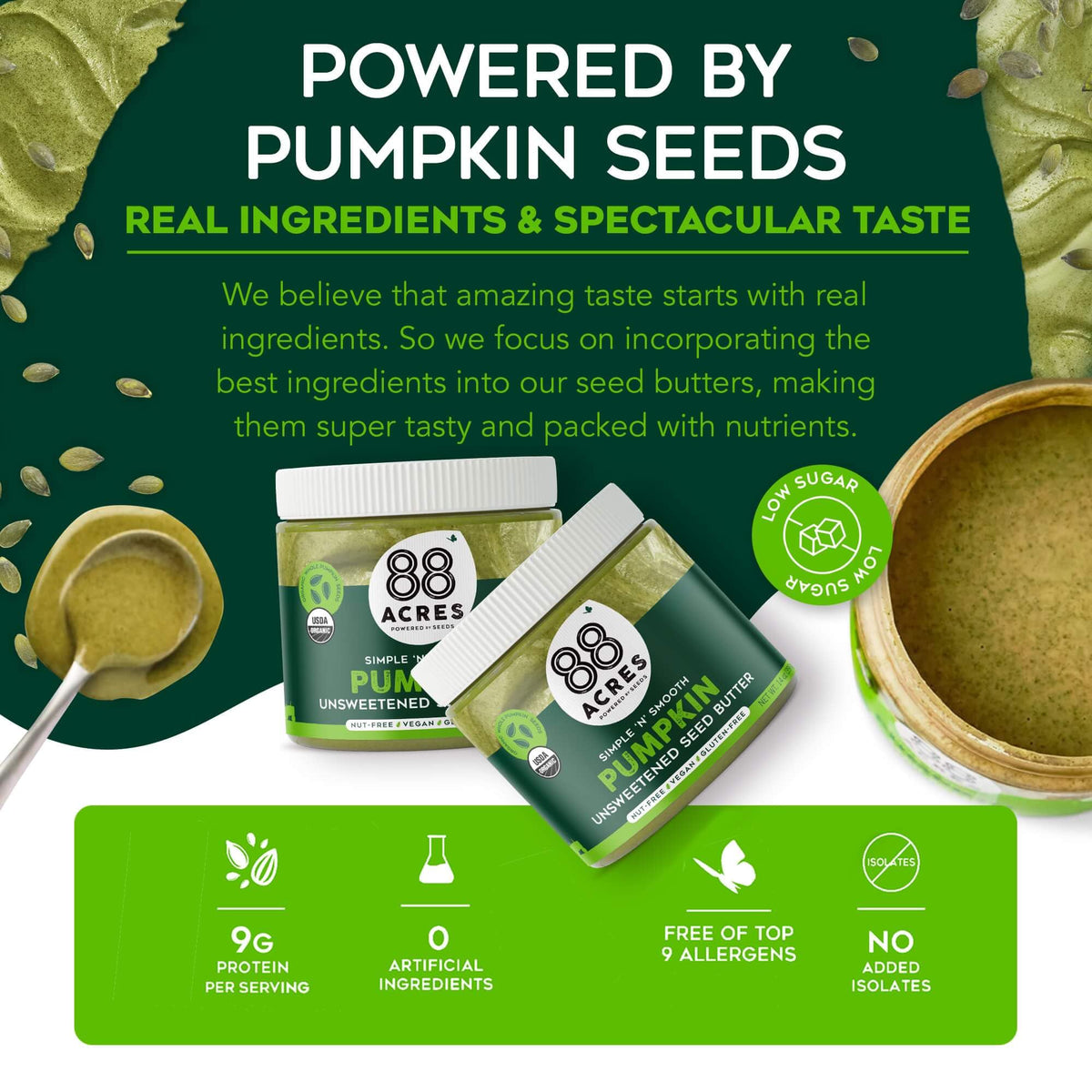 88 Acres pumpkin seed butter ingredients label highlights simple organic seeds.