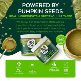 88 Acres pumpkin seed butter ingredients label highlights simple organic seeds.