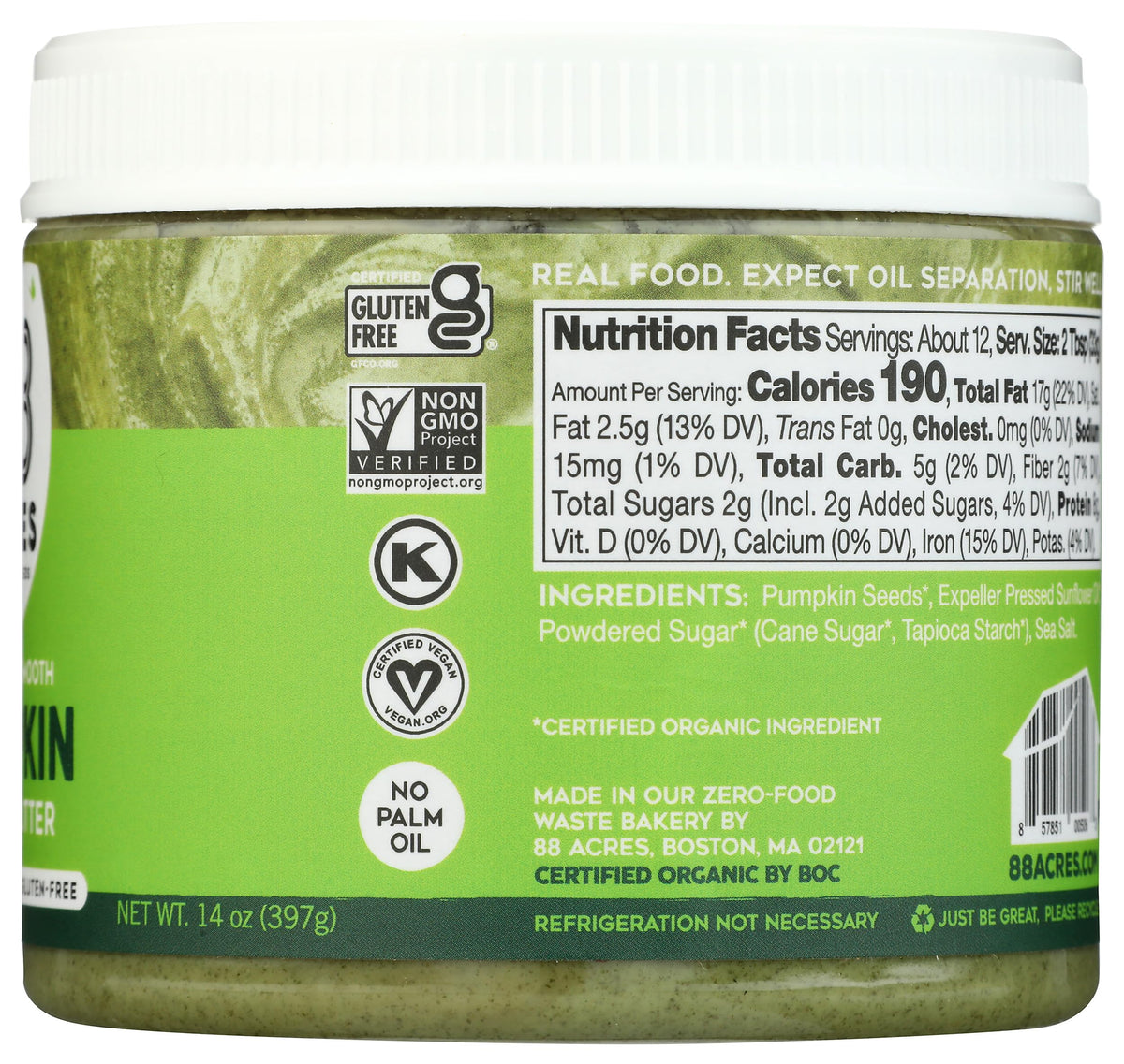 Ingredients list emphasizes roasted pepitas and organic farming by 88 Acres