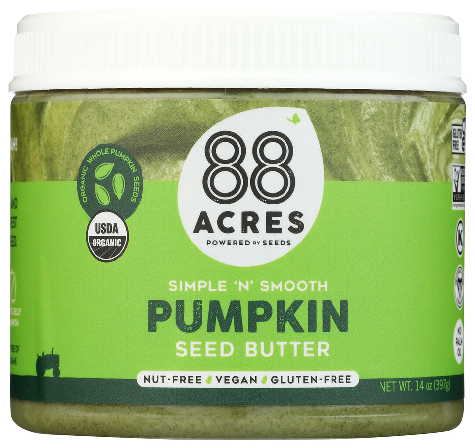 88 Acres Pumpkin Seed Butter jar on counter showcases simple organic ingredients