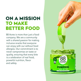 88 Acres Pumpkin Seed Butter stored in resealable jar for fresh pantry snacking.