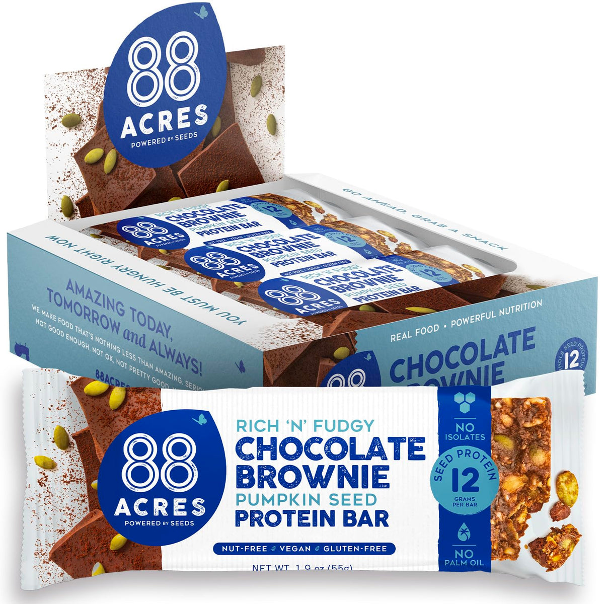 88 Acres pumpkin seed protein bars, fudge brownie flavor, 9-count, convenient energy.