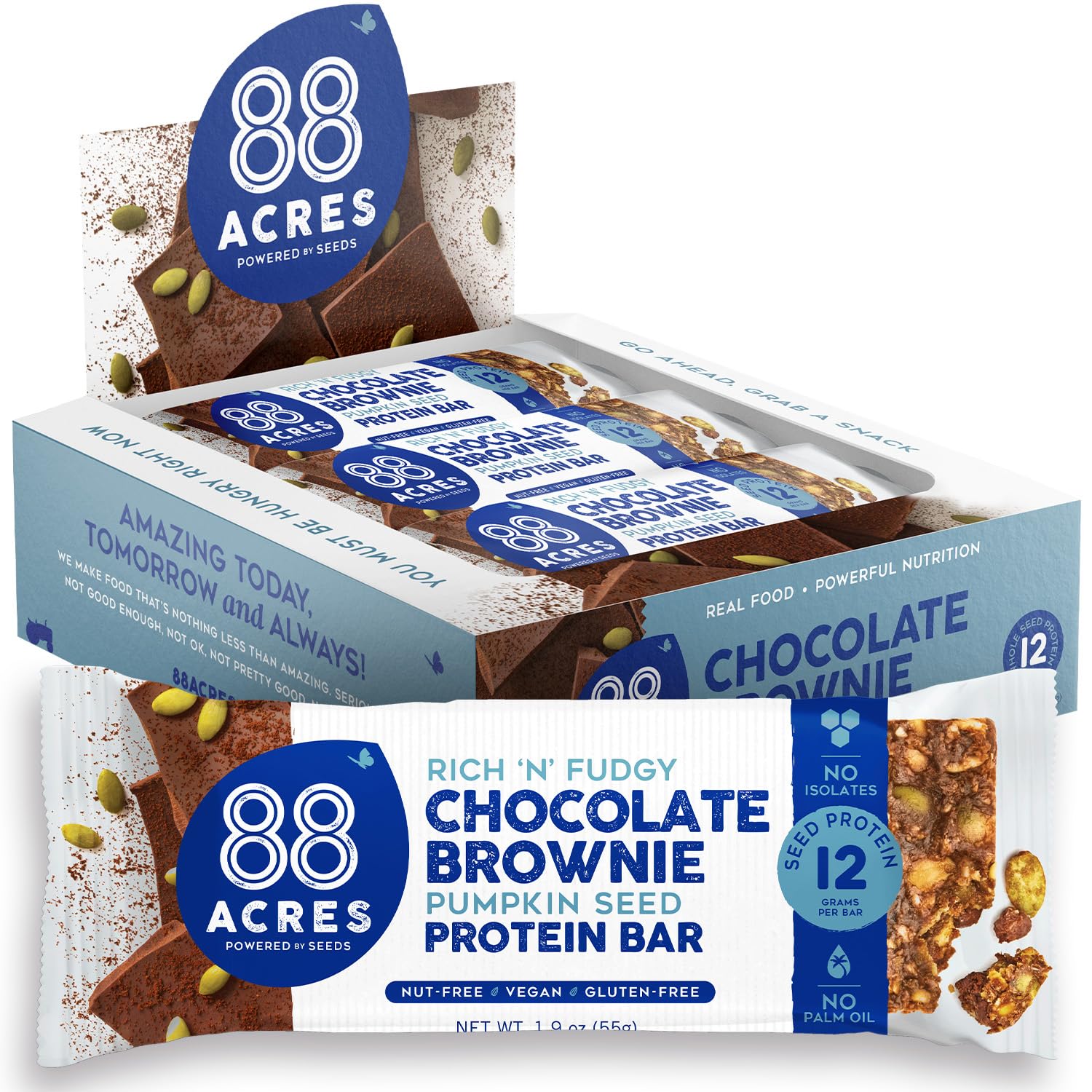 88 Acres pumpkin seed protein bars, fudge brownie flavor, 9-count, convenient energy.