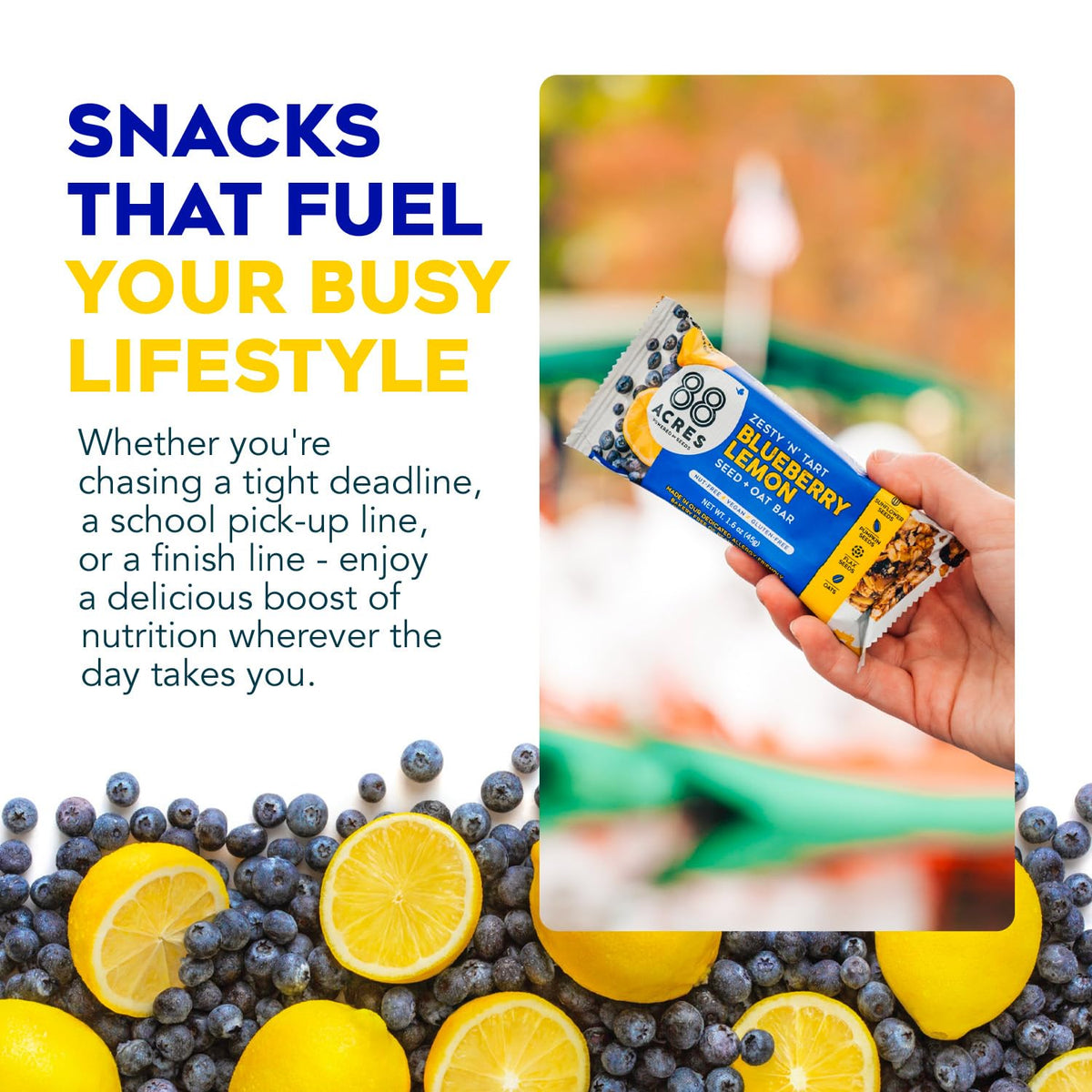 Shelf display of 88 Acres Blueberry Lemon Bar with allergen-free labeling