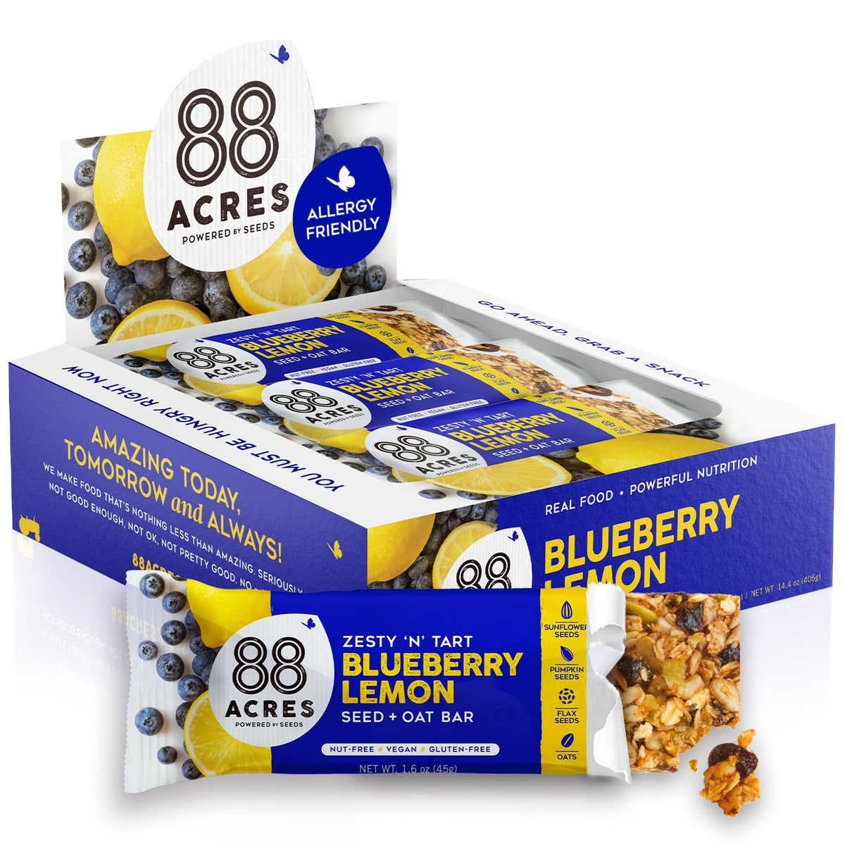 88 Acres Blueberry Lemon Bar packaging shown for on-the-go snacking and convenience