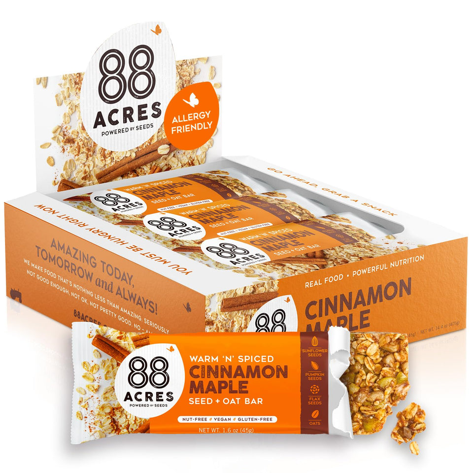 88 Acres Cinnamon Maple bars packaging highlights allergen-free, convenient on-the-go snacking.