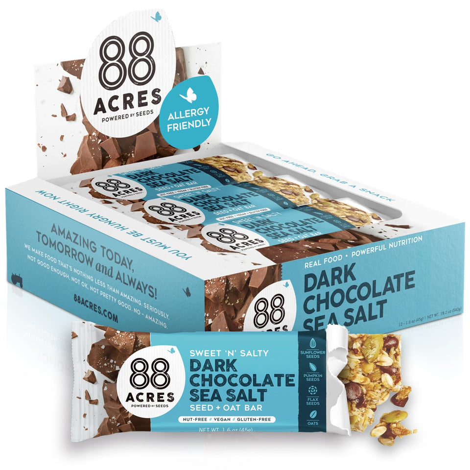88 Acres dark chocolate sea salt granola bar wrap — on-the-go snack.