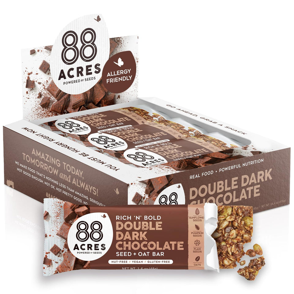 88 Acres double dark chocolate bar shown with chewy texture and rich flavor.