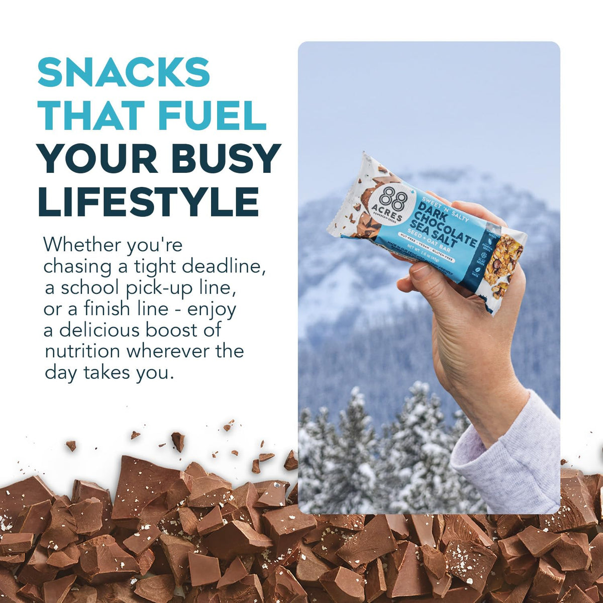 88 Acres granola bar on-the-go in backpack; portable snack for school or hike.