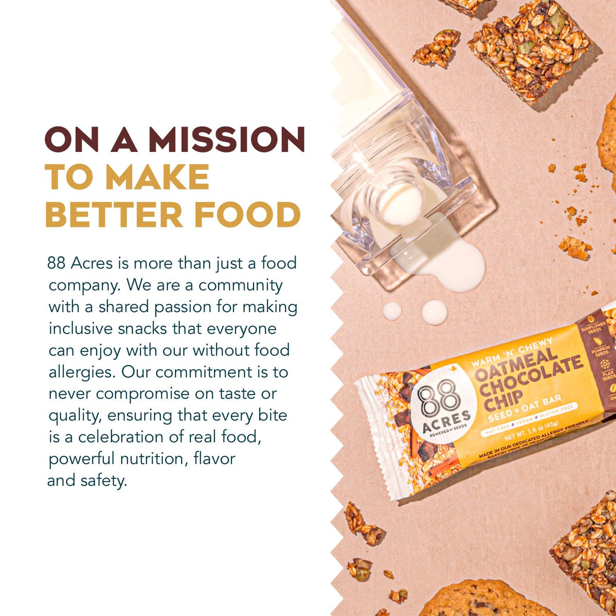 88 Acres granola bars ingredients: seeds and oats, allergen-free formula