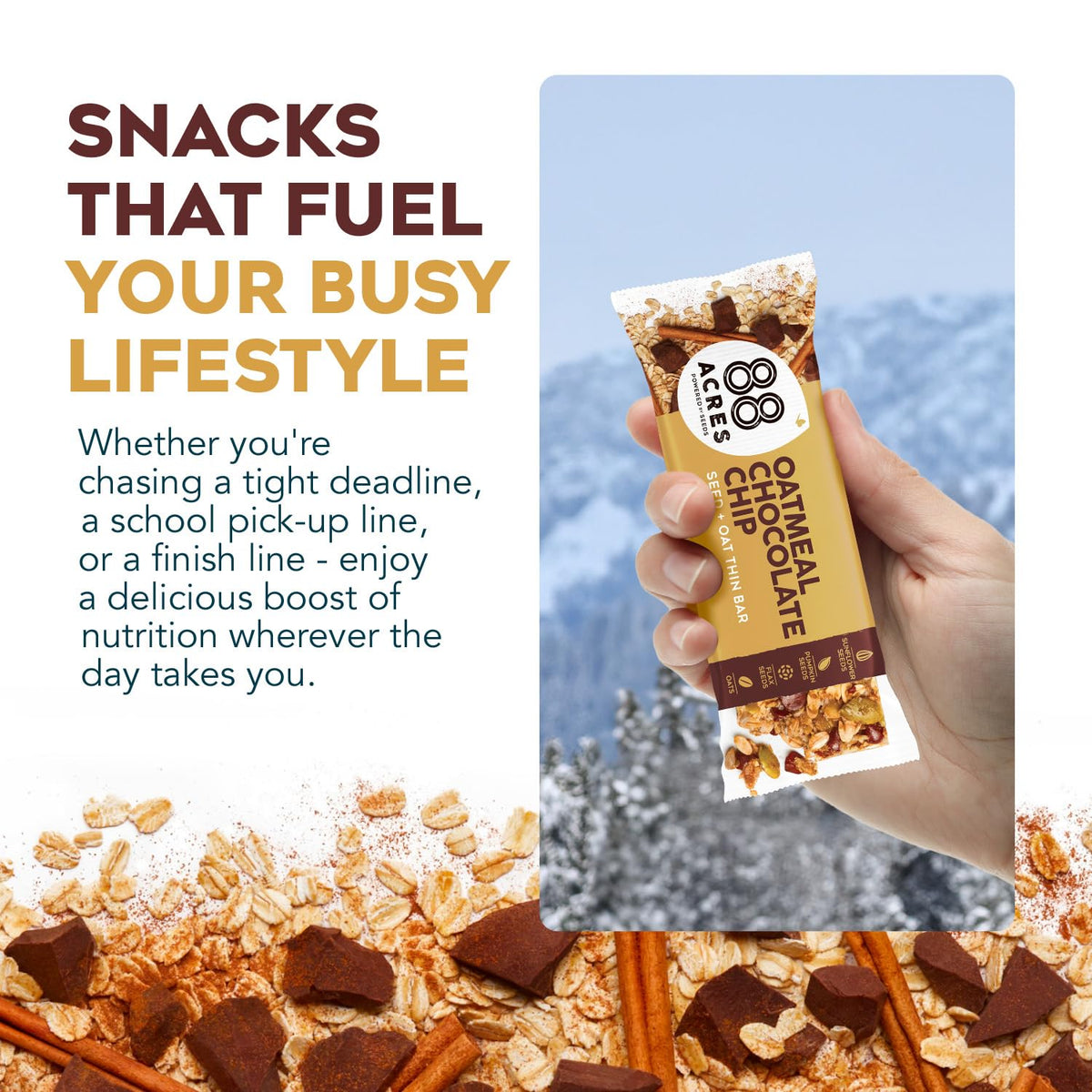 88 Acres granola bars packaging shows gluten-free, vegan, non-GMO benefits